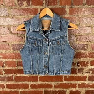 Vintage Levi's Vest Youth Large Blue Denim Button Front Western Buckle Cropped